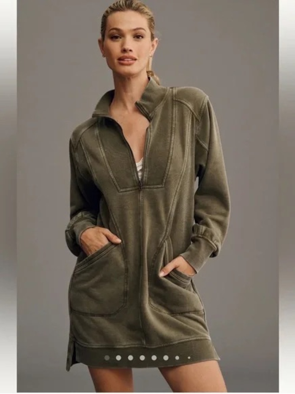 ANTHROPOLOGIE Olive Green Daily Practice Casual Curve Ribbed Sweatshirt Dress -L